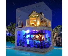 Dapei DIY Puppenhaus Holzhaus Möbel 3D Holz Miniaturhaus Kit mit LED Licht Kunsthandwerk Hawaiianische Villa Dekorationsstil Kreativ Geschenk Puzzle Spielzeug für Valentinstag, Kindertag, Geburtstag