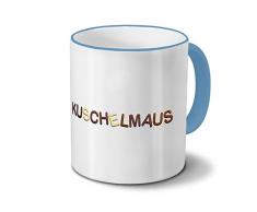 Tasse mit Namen Kuschelmaus - Motiv Schokoladenbuchstaben - Namenstasse, Kaffeebecher, Mug, Becher, Kaffeetasse - Farbe Hellblau