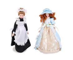 2 STÜCKE 1/12 Puppenhaus Porzellan Puppe Viktorianische Dame Diener In Schürze W. Stand