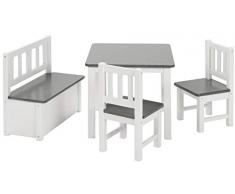 BOMI Kindermöbel Tisch und Stühle | Kindertruhenbank aus Kiefer Massiv Holz | Kindersitzgruppe für Kleinkinder, Mädchen und Jungen in Grau