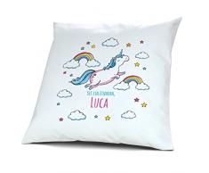 Kopfkissen mit Namen Luca - Motiv Sei ein Einhorn, 40 cm, 100% Baumwolle, Kuschelkissen, Liebeskissen, Namenskissen, Geschenkidee