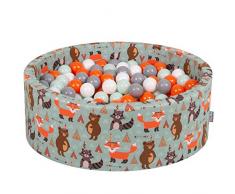 KiddyMoon Bällebad 90X30cm/300 Bälle ∅ 7Cm Bällepool Mit Bunten Bällen Für Babys Kinder Rund, Füchse-Grün:Orange-Mint-Grau-Weiß