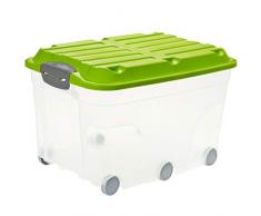 Rotho Roller 6 Aufbewahrungsbox 57 l mit Deckel und Rollen, Kunststoff (PP), transparent/grün, 57 Liter (59,5 x 40 x 37 cm)