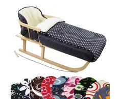 Rawstyle *Kombi-Paket* Holz-Schlitten mit Rückenlehne & Zugseil + universaler Winterfußsack (108cm) Lammwolle, auch geeignet für Babyschale, Kinderwagen, Buggy (Schwarz + Blaue Blasen)