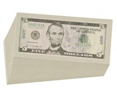 Juvale Spielgeld 5-Dollar-Scheine (Set, 100 Stück) - Täuschend Echt - Zum Mathe Lernen für Kinder - Für Motto-/Themenpartys, Karneval, Fasching - 12,7 x 6,3 cm