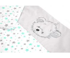 Amilian® Kinderwagenset mit Stickerei Baby Bettwäsche Garnitur für Kinderwagen 80x80 cm + 35x40 cm (Sternchen KLEIN Türkis/Hellgrau mit BÄREN, 4 tlg.)