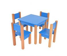 XXL Discount Kindertisch mit 4 stühle - 5 TLG. Set: Sitzgruppe für Kinder - aus Buche und MDF Holz - Tisch + Stühle/Kindermöbel für Jungen & Mädchen Kindersitzgruppe (Blau, Kindertisch mit 4 stühle)