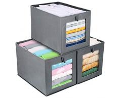 DIMJ 3 Stück Aufbewahrungsboxen, Faltbox mit Transparentem Sichtfenster Faltbare Aufbewahrungskiste mit Schlaufe für Kleiderschrank, Kleidung, Bücher, Kosmetik, Spielzeug usw. Grau