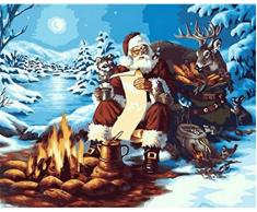 No-brand DIY Malen nach Zahlen Kinder Weihnachtsmann und Elch am Feuer Malen nach Zahlen Erwachsene Anfänger Leinen Leinwand Acryl Anzahl Malerei Geschenke 16x57 Zoll ohne Rahmen