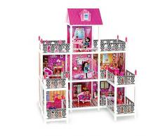 FVE Puppenhaus Puppenvilla Puppen Haus - DREI Etagen Barbiehaus Traumhaus mit Möbel Holz Puppenstube Terrasse Groß