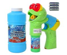 TE-Trend Frosch Seifenblasen Set Seifenblasenpistole Bubble Machine Pistole LED Sound 475 ml Seifenblasenflüssigkeit