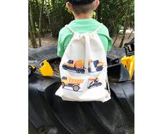Kinder Baumwolle Turnbeutel für Jungen Jungs | beidseitig mit 4 Fahrzeugen, Bagger Bedruckt | für Kindergarten, Krippe, Reise, Sport | geeignet ALS Rucksack, Spieltasche, Sportbeutel - von HECKBO