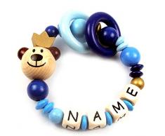 Premium Greifling mit Namen HOLZ Rassel Modell Bärenkönig blau