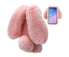 LCHDA für Plüsch Hülle Samsung Galaxy S10 Flauschige Hasen Fell Hülle Handyhülle Mädchen Süße Kaninchen Pelz Niedlich Hasenohren Handytasche Schützend Stoßfest TPU Silikonhülle with Glitzer-Rosa