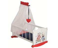 roba Puppenwiege aus Puppenmöbel Serie „Teddy College“, Puppenbett zum Wiegen inkl. textiler Ausstattung, Bettwäsche und Himmel, Puppenzubehör, weiß lackiert
