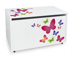 Leomark Holzspielzeugkiste auf Rädern, Sitzbank mit Stauraum, Spielzeugkiste mit Deckel, XXL Kinderbank - Truhenbank für Kinder, weiße Aufbewahrungsbox 91L, Maße: 71cm x40,5cm x45cm (Schmetterlinge)