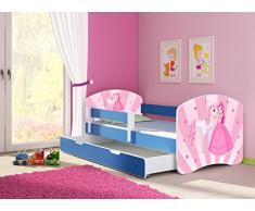 Clamaro Fantasia Blau 180 x 80 Kinderbett Set inkl. Matratze, Lattenrost und mit Bettkasten Schublade, mit verstellbarem Rausfallschutz und Kantenschutzleisten, Design: 08 Prinzessin Einhorn