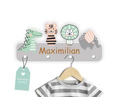 Kindsblick Garderobe mit Wunschname - Personalisierte Kindergarderobe mit 4 Kleiderhaken für Kinder (Junglefreunde - Grau)