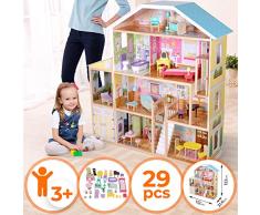 Puppenhaus aus Holz - 4 Spielebenen, mit Möbeln und Zubehör, für 30 cm große Puppen - Puppenvilla, Spielzeughaus, Dollhouse Kinder Spielzeug für Kinderzimmer und Schlafzimmer, für Mädchen und Jungen