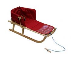 Holzschlitten für Kinder mit Rückenlehne Rodelschlitten Davoser Schlitten aus Holz mit einem Sicherheitsgurt, Rückenlehne und Matratze (Natürliche/rote Leinen)