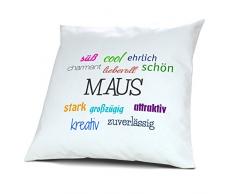 Kopfkissen mit dem Namen Maus, Kissen mit Füllung - Positive Eigenschaften, 40 cm, 100% Baumwolle, Kuschelkissen, Liebeskissen, Namenskissen, Geschenkidee