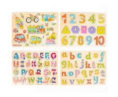 4 Stück Holzpuzzle Steckpuzzle für Kinder im Vorschulalter - Buchstaben, Zahlen pädagogisches Holzpuzzle Holzspielzeug - Hilft der Früherziehung und Intellektuellen Entwicklung