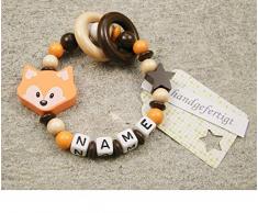Baby Greifling Beißring geschlossen mit Namen - individuelles Holz Lernspielzeug als Geschenk zur Geburt Taufe - Mädchen Jungen Motiv Fuchs in orange