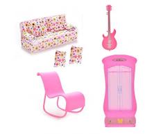 Xiton CoscosX Barbie Möbelzubehör von 1PC Couch, 2ST Kissen, 1PC Gitarre, 1PC Schaukelstuhl (rosa oder weiß zufällig), 1PC Kleiderschrank für Barbie-Puppen