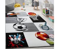 Paco Home Kinderteppich Pokal Basketball Fussball Kinder Teppich Tennis Karo Grau Creme, Grösse:120x170 cm