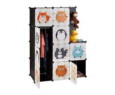 Relaxdays, bunt Steckregal Kinderzimmer, Tiermotive, Kunststoff Stecksystem, m. Türen, Kleiderschrank, m. Kleiderstange, Standard
