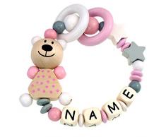 Premium Greifling mit Namen HOLZ Rassel Modell Teddybär Sterne grau rosa