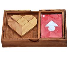 Heart Puzzle + Cards Knobelbox Herz Tangram Knobelholz Legepuzzle mit Vorlagenkarten für weitere Puzzle Figuren, Knobelspiel, Tangramm Puzzle, Ei des Kolumbus , Kinderspiel, 2D Puzzle,