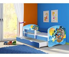 Clamaro Fantasia blau Motiv Kinderbett Komplett Set 160 x 80 cm inkl. Matratze, Lattenrost und Bettkasten Unterbett Schublade auf Rollen, Kantenschutzleisten umlaufend, extra Rausfallschutz Seitenteil (verstellbar), Seitenteile: Blau, Design: 21 Piraten