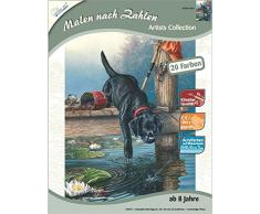 MAMMUT 107002 - Malen nach Zahlen Artists, Tiermotiv, Hund, Labrador, Komplettset mit bedruckter Malvorlage im A4 Format, 20 Acrylfarben und Pinsel, Malset für Kinder ab 8 Jahre