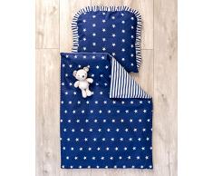 LOOLAY® 4tlg. Set für Babybett Babywiege Kinderwagen Kissen Decke Bettwäsche Neugeborene (Sternchen dunkelblau/Streifenmuster dunkelblau)