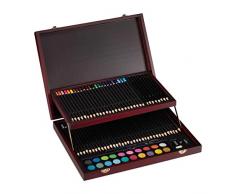 Relaxdays Malkoffer, 73-tlg. Zeichenset Holz, Buntstifte Set, Bleistifte, Wasserfarben, Anspitzer & Radierer, bordeaux