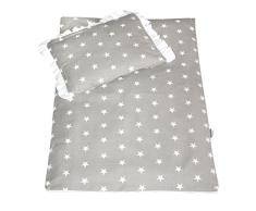 Rawstyle 4 tlg. Set Bezug für Kinderwagen 70x50 cm **STERNEN-MOTIV** Garnitur Bettwäsche Decke + Kissen + Füllung (Grau + Sterne Weiß)