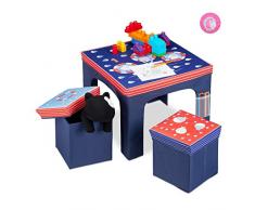 Relaxdays Sitzgruppe Kinder, faltbar, Kindertisch, Sitzhocker mit Stauraum, Sitzgelegenheit Kinderzimmer, Fische, blau