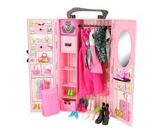 Miunana 44 PCS Kleiderschrank Möbel für Puppen = 1 Schrank + 8 Kleider + 10 Schuhe + 10 Kleiderbügel +10 Zubehör + 1 Koffer für 11,5 Zoll Mädchen Puppen + 2 Kleidung + 2 Schuhe für Jungen Puppen
