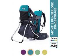 Montis Runner One Kindertragerucksack bis 25kg Gewicht - die Einstiegs Kraxe/Kindertrage für beide Elternteile - erweiterbar durch Regenschutz, Fußrasten & Wickelmatte, TÜRKIS