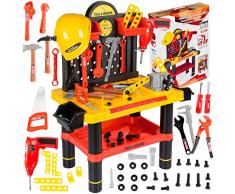 Werkbank Kinder Kinderwerkbank & Zubehör Werkstatt KP2646 Kleinkindspielzeug Kinderbank Werkzeug Schrauben und Bauelementen Inkl. Helm Zubehör Kinder werkzeugbank