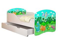 Clamaro Traumland Motiv Kinderbett Komplett Set 70 x 140 cm inkl. Matratze, Lattenrost und Bettkasten Unterbett Schublade auf Rollen, Sicherheit durch ABS Kantenschutz und Seitenteilen mit Rausfallschutz - 140 x 70 cm, Design: 30 - Dinosarier Motiv