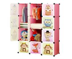 BRIAN & DANY Erweiterbares Kinderregal Kinder Kleiderschrank Stufenregal Bücherregal mit Türen & 2 Aufhängern, tiefere Fächer als normal (45 cm vs. 35 cm) für mehr Platz, 110 x 47 x 147 cm Rosa