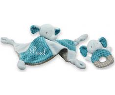 Wuff-Dogsworld Baby Schmusetuch Kuscheltuch Elefant türkis mit Namen Bestickt Rassel Taufe Geburt