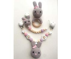 Set aus mit Namen personalisierbarer Schnullerkette, Kinderwagenkette und Rassel für Babys, mit gehäkelten Perlen/Tieren (Mit Personalisierung - Mädchen)