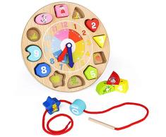 Nuheby Lernuhr Kinder Holz Montessori Spielzeug, 12 Stücke Steckpuzzle mit Seil, Zahl und Tier Muster Kinder Spielzeug ab 3 4 5 6 Jahren Mädchen Jungen