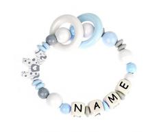 Premium Greifling mit Namen HOLZ Rassel Modell kleines Pony grau hellblau