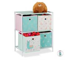 Relaxdays Kinderregal mit 4 Boxen, Jungen & Mädchen, Lama-Design, Regal Kinderzimmer, Spielzeug, HBT 62 x 53 x 30, bunt