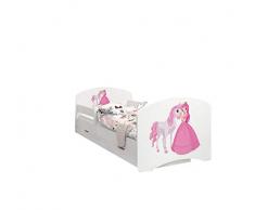 Happy Babies - Doppelseitiges Kinderbett MIT SCHUBLADE Modernes Design mit sicheren Kanten und Absturzsicherung Schaumstoffmatratze 7 cm. (190x90, 09. Prinzessin mit Pferd)