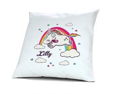 Kopfkissen mit Namen Lilly - Motiv Verrücktes Einhorn, 40 cm, 100% Baumwolle, Kuschelkissen, Liebeskissen, Namenskissen, Geschenkidee